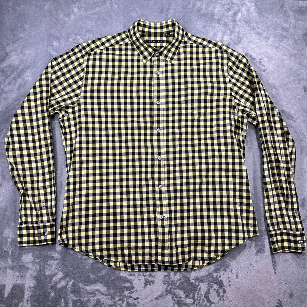 Theory Mens XL Gingham Check Cotton Button Down Shirt Yellow Black Long Sleeve